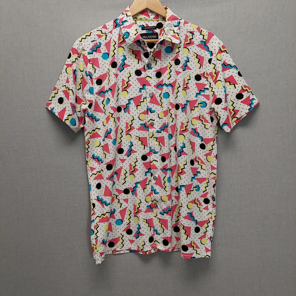 Mens M Retro 80s Memphis Geometric Graphic Stretch Button Up Shirt Festival Fun